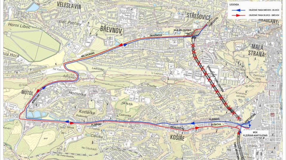Strahovský tunel – uzavírka: Objízdná trasa